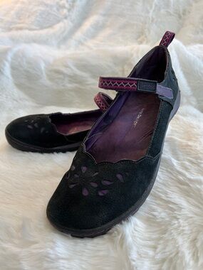 Jambu Black Suede Mary Jane Flats with Purple Accents